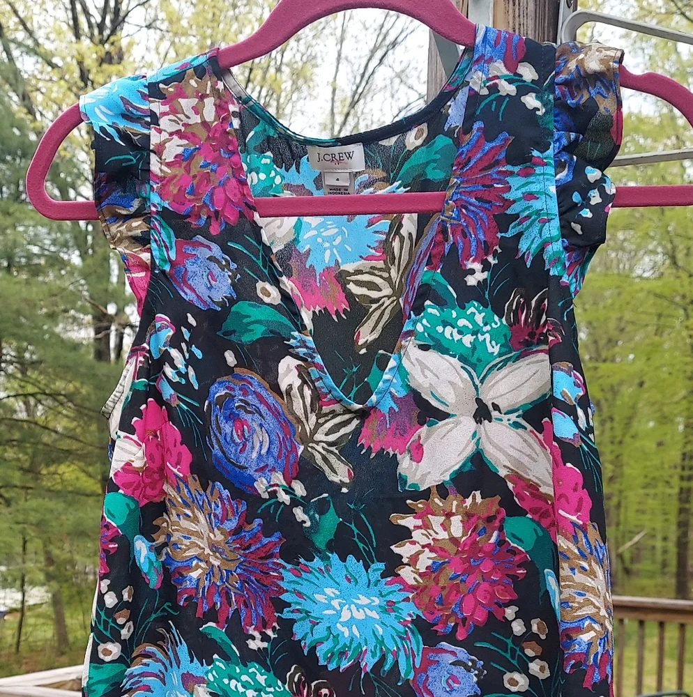 J. Crew Top V Neck Black Floral Ruffled Cap Sleeve Blouse Chiffon Sz 4